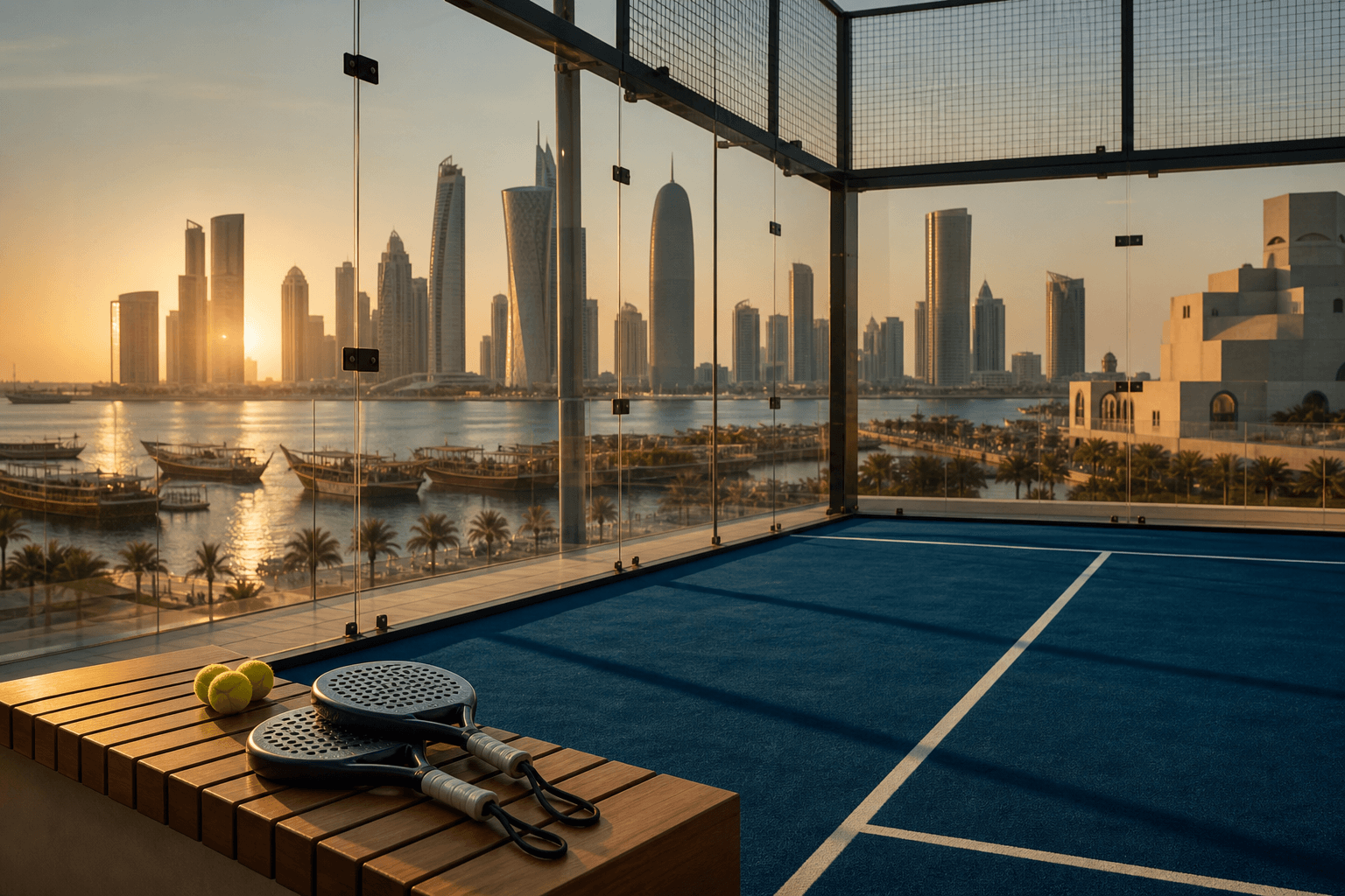 Padel court in Qatar with Doha skyline